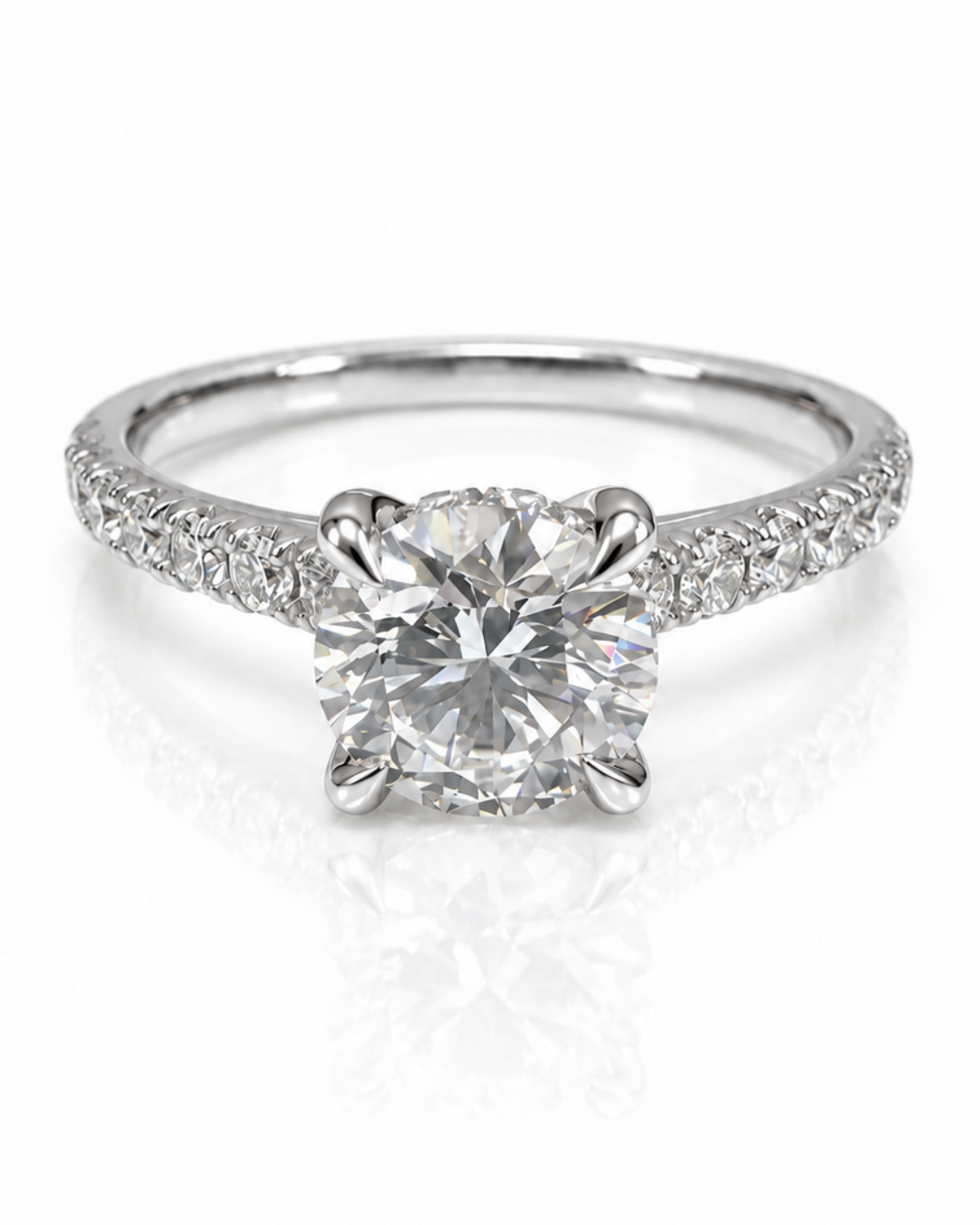 9ct white gold engagement ring with 1.30ct round lab grown diamond in four-claw setting and pavé diamond shoulders