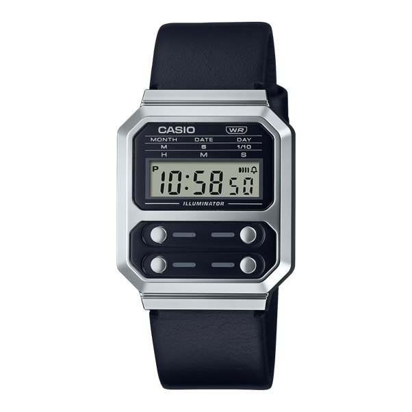 Casio A100WEL-1A Vintage Digital Quartz Illuminator Black Dial Steel Case Leather Strap Watch (A100WEL-1ADF)