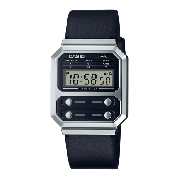 Casio A100WEL-1A Vintage Digital Quartz Illuminator Black Dial Steel Case Leather Strap Watch (A100WEL-1ADF)