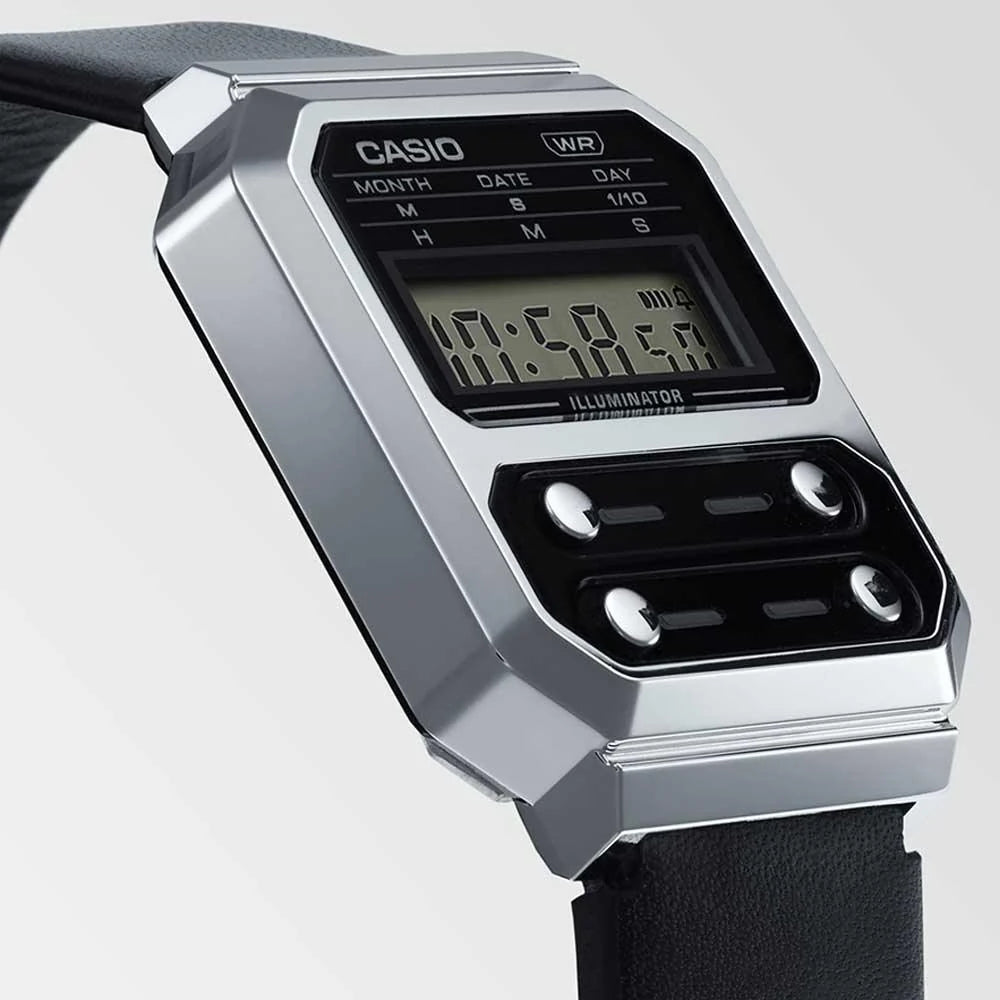 Casio A100WEL-1A Vintage Digital Quartz Illuminator Black Dial Steel Case Leather Strap Watch (A100WEL-1ADF)