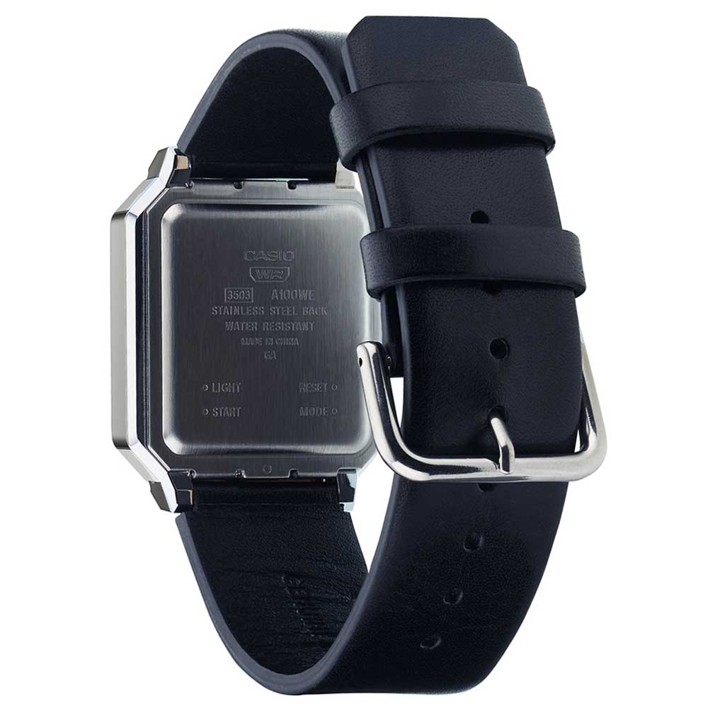 Casio A100WEL-1A Vintage Digital Quartz Illuminator Black Dial Steel Case Leather Strap Watch (A100WEL-1ADF)