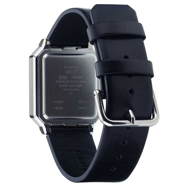 Casio A100WEL-1A Vintage Digital Quartz Illuminator Black Dial Steel Case Leather Strap Watch (A100WEL-1ADF)