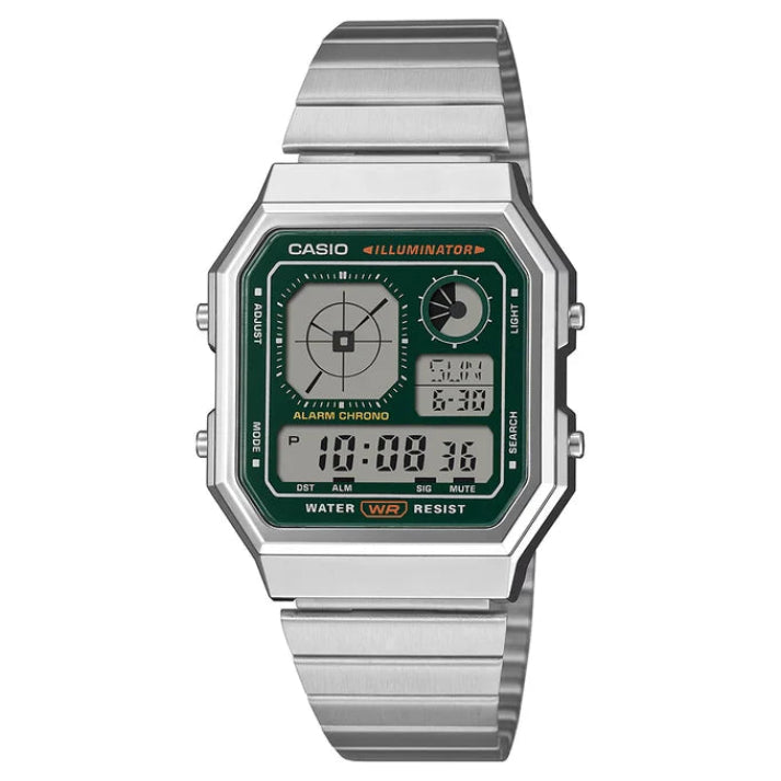 Casio A130WE Vintage Digital Alarm Chronograph Green Dial Stainless Steel Watch (A130WE-3ADF)