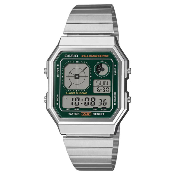 Casio A130WE Vintage Digital Alarm Chronograph Green Dial Stainless Steel Watch (A130WE-3ADF)