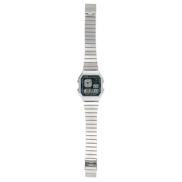 Casio A130WE Vintage Digital Alarm Chronograph Green Dial Stainless Steel Watch (A130WE-3ADF)