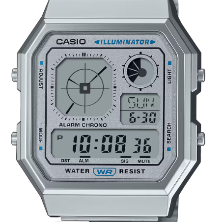 Casio Vintage A130WE-7A quartz digital chronograph watch with silver stainless steel bracelet and Illuminator backlight display