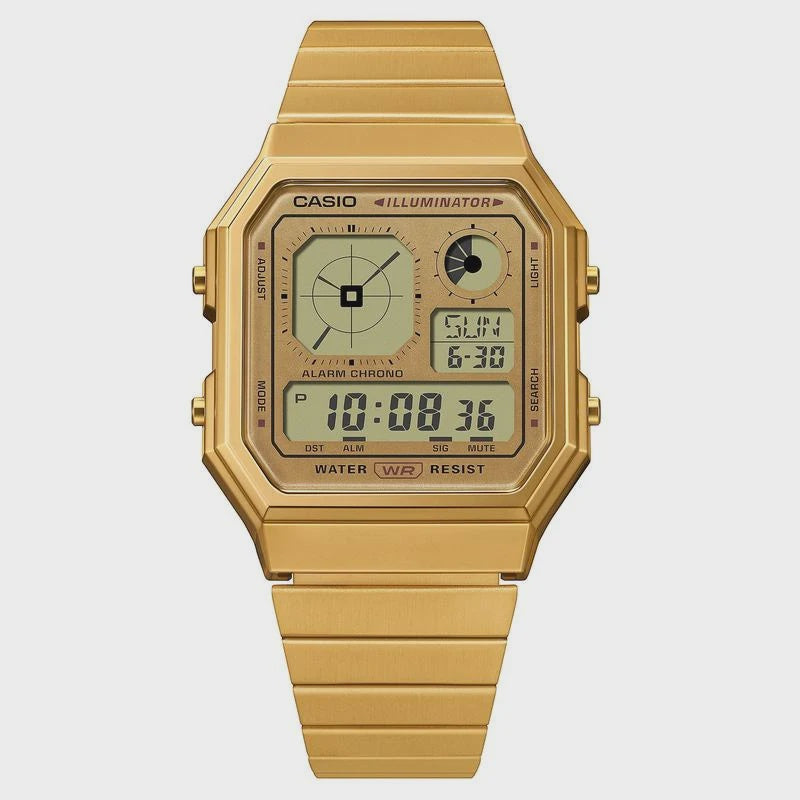 Casio Vintage A130WEG-9ADF square gold digital watch with Illuminator backlight and stainless steel bracelet