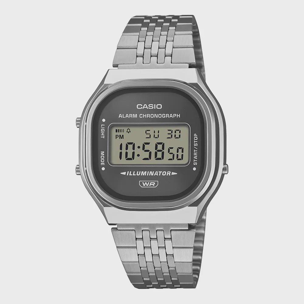 Casio A140WE-8ADF vintage digital watch grey sunray dial stainless steel bracelet chrome bezel front view