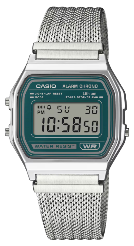 Casio A158WEM-3 vintage digital watch with green teal display and stainless steel mesh bracelet on white background