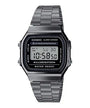 Casio Vintage A168WGG-1A gunmetal quartz digital watch with stainless steel bracelet and black dial featuring alarm chronograph illuminator functions