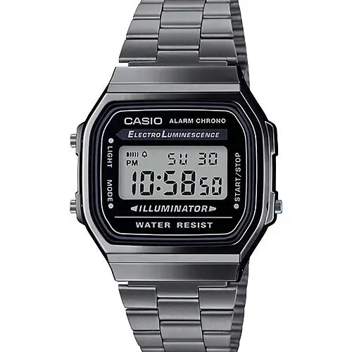 Casio Vintage A168WGG-1A gunmetal quartz digital watch with stainless steel bracelet and black dial featuring alarm chronograph illuminator functions