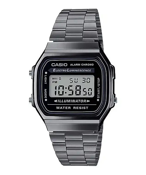 Casio Vintage A168WGG-1A gunmetal quartz digital watch with stainless steel bracelet and black dial featuring alarm chronograph illuminator functions