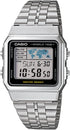 Casio A500WA-1DF Vintage World Time Digital Watch with silver stainless steel bracelet and world map display