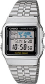 Casio A500WA-1DF Vintage World Time Digital Watch with silver stainless steel bracelet and world map display