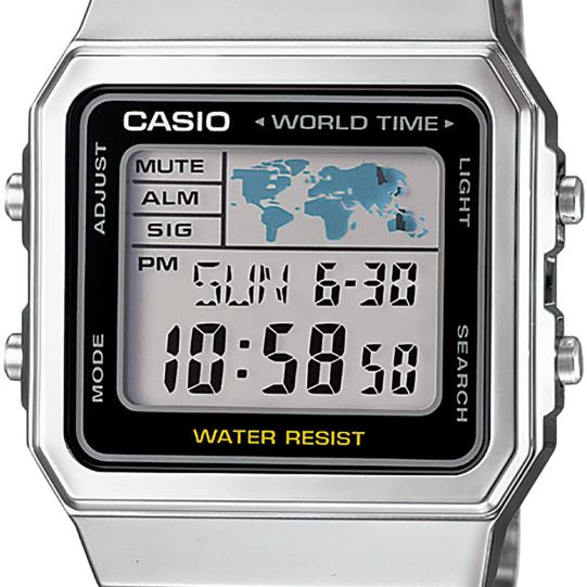 Casio A500WA-1DF Vintage World Time Digital Watch with silver stainless steel bracelet and world map display