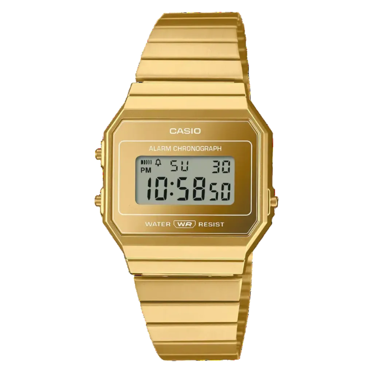 Casio VINTAGE A700WEVG-9ADF front view showing gold mirror-finish digital LCD face