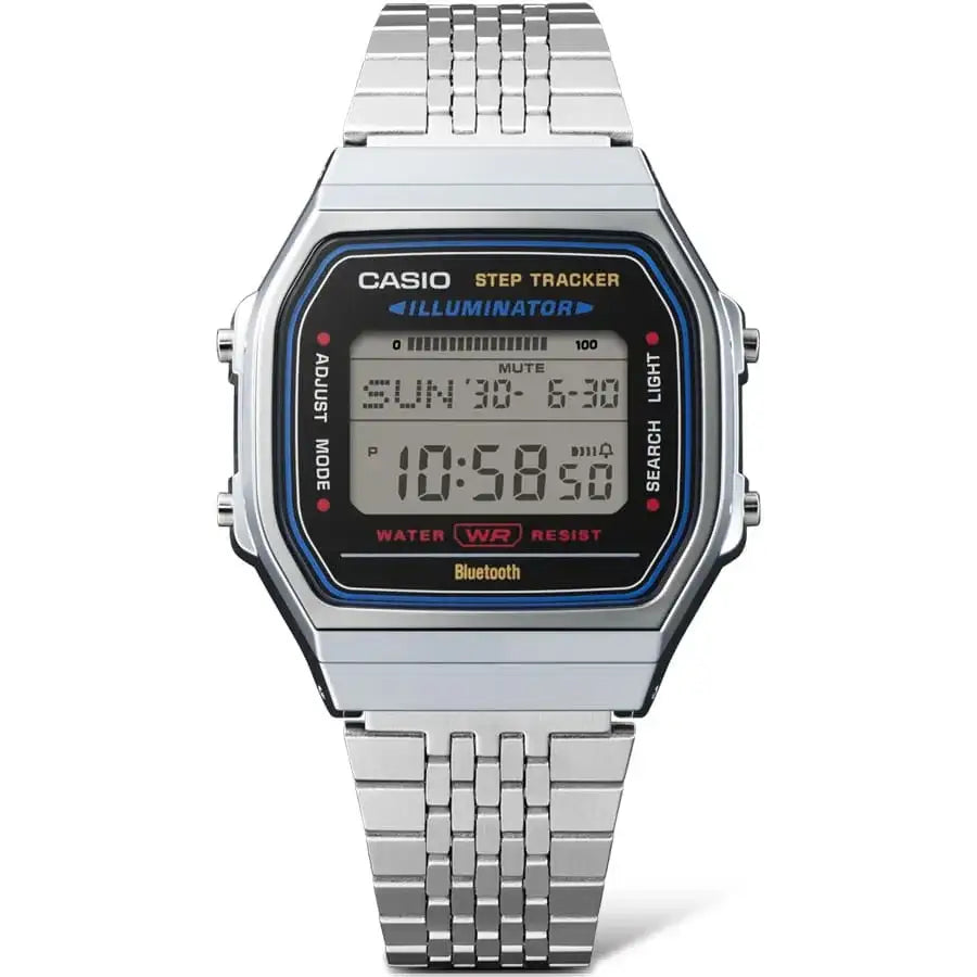 Casio Vintage ABL-100WE-1ADF quartz digital watch with step tracker, black dial, Illuminator backlight, and stainless steel multi-row bracelet