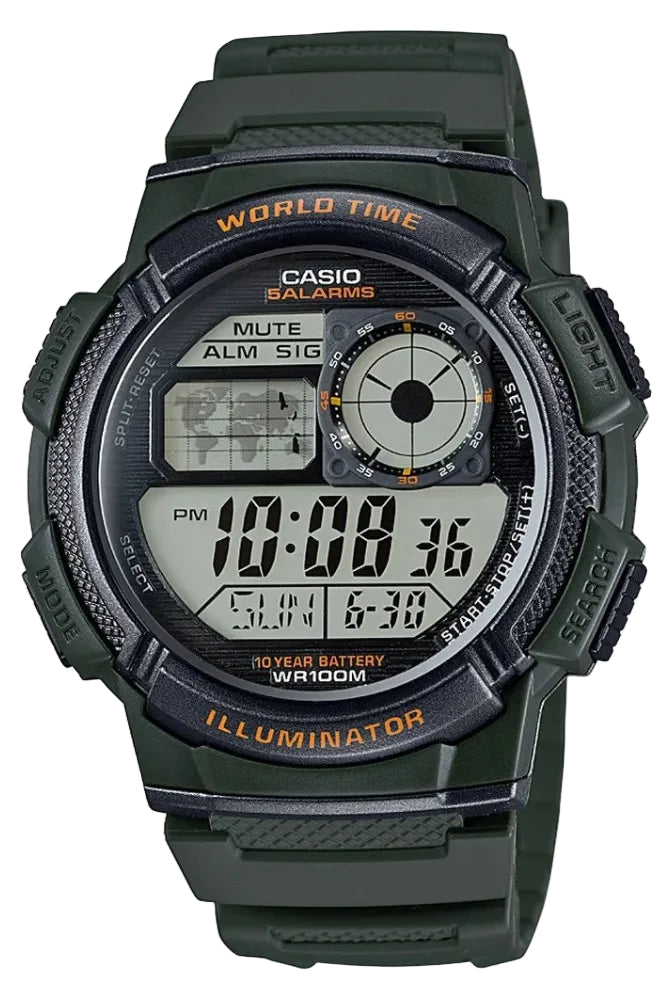 Casio AE-1000W-3AV World Time Digital Quartz Green Watch (AE-1000W-3AV)