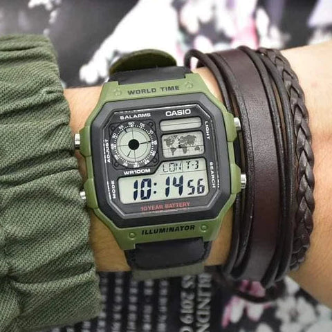 Casio AE-1200WHB-3B analog-style LCD showing world map and day/date display