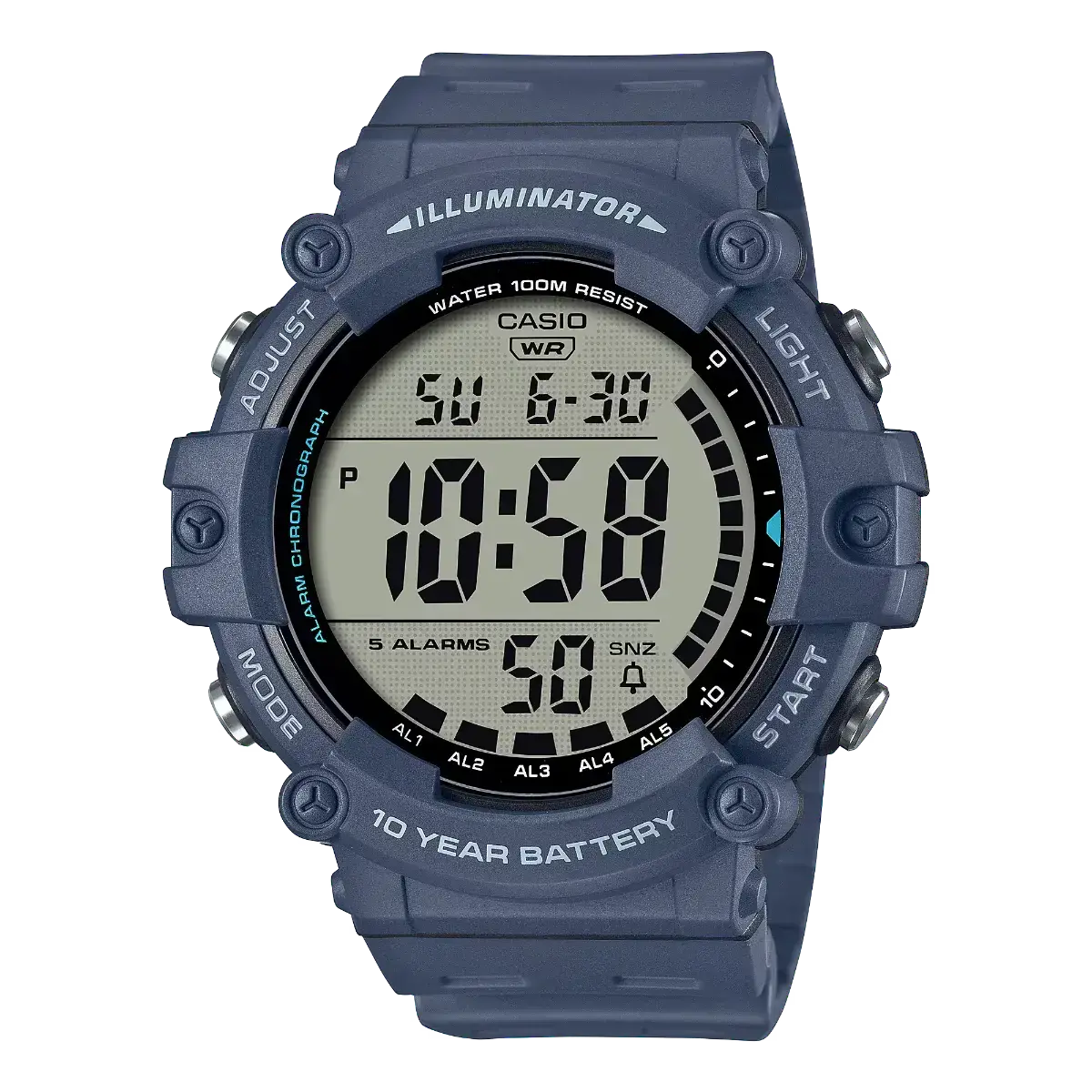 A Casio digital sports watch with a dark blue resin case and strap, featuring a light gray LCD display and black bezel details, shown against a plain white background.
Cassimsandco.