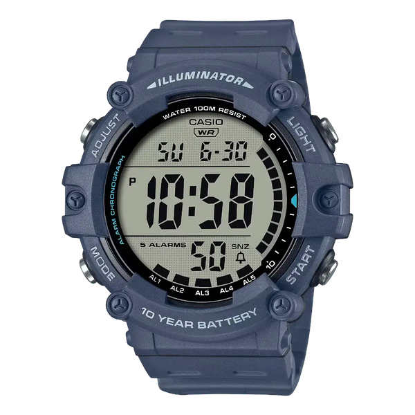 A Casio digital sports watch with a dark blue resin case and strap, featuring a light gray LCD display and black bezel details, shown against a plain white background.
Cassimsandco.
