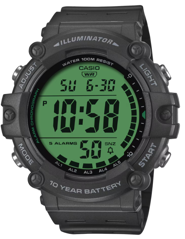 Casio AE-1500WHC-1AV digital sports watch with black resin case, green LCD display, 10-year battery and 100m water resistance