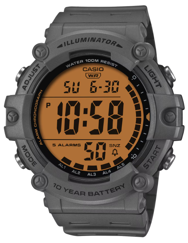Casio AE-1500WHC-8AV digital sport watch with orange display and grey resin case front view