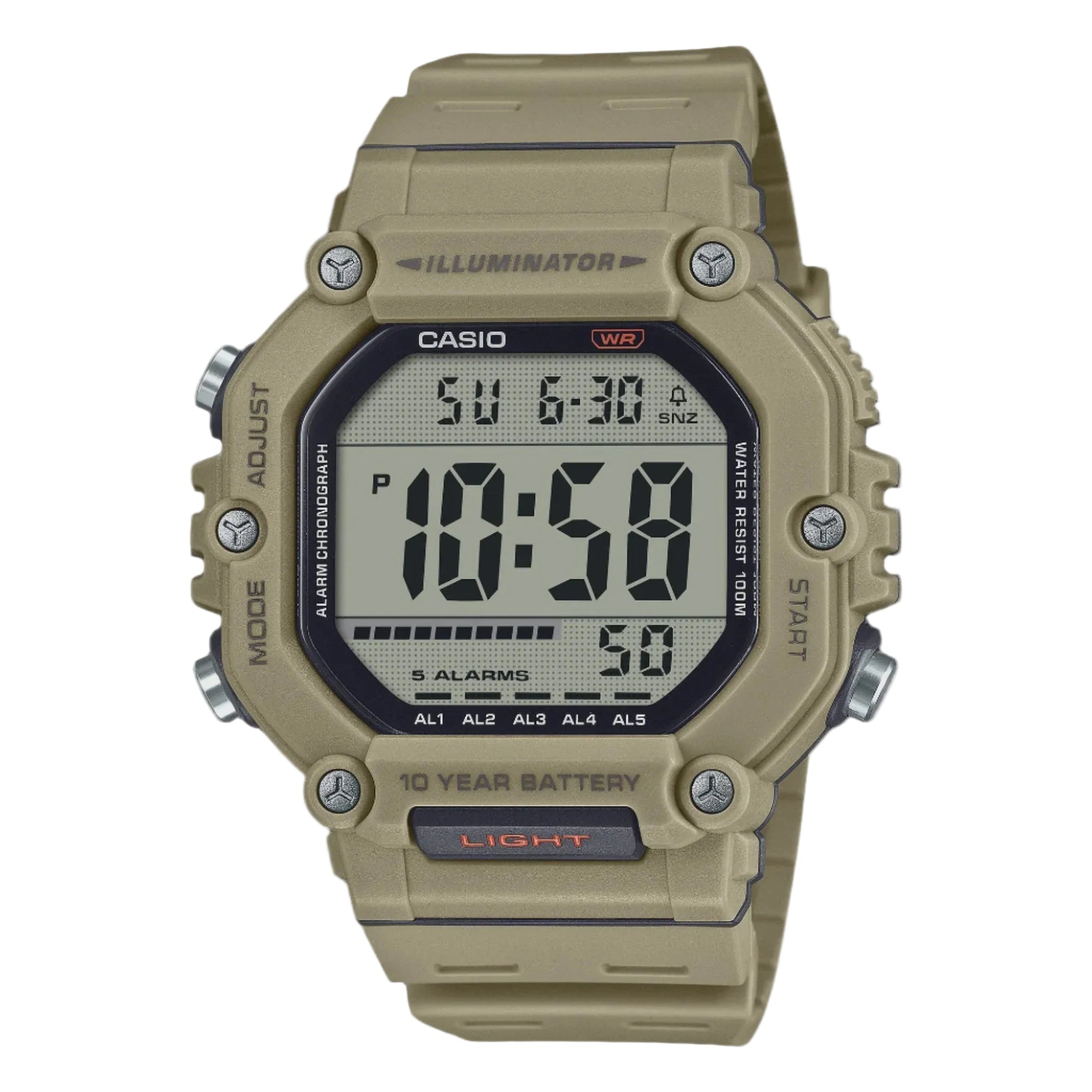 Casio AE-1600H-5AVDF Illuminator digital quartz watch with rectangular khaki resin case and integrated resin strap