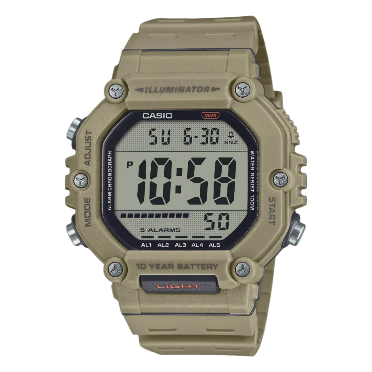 Casio AE-1600H-5AVDF Illuminator digital quartz watch with rectangular khaki resin case and integrated resin strap