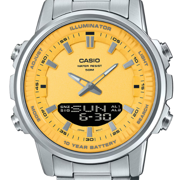 Casio AMW-880D-9AVDF analog-digital quartz watch with yellow dial and stainless steel bracelet front view