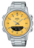 Casio AMW-880D-9AVDF analog-digital quartz watch with yellow dial and stainless steel bracelet front view