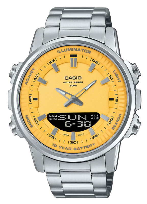 Casio AMW‑880D‑9AVDF – Analog‑Digital Stainless Steel Watch with Yellow Dial