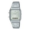 Casio AQ-230A-7AMQY vintage ana-digi quartz watch with silver dial and stainless steel bracelet on white background