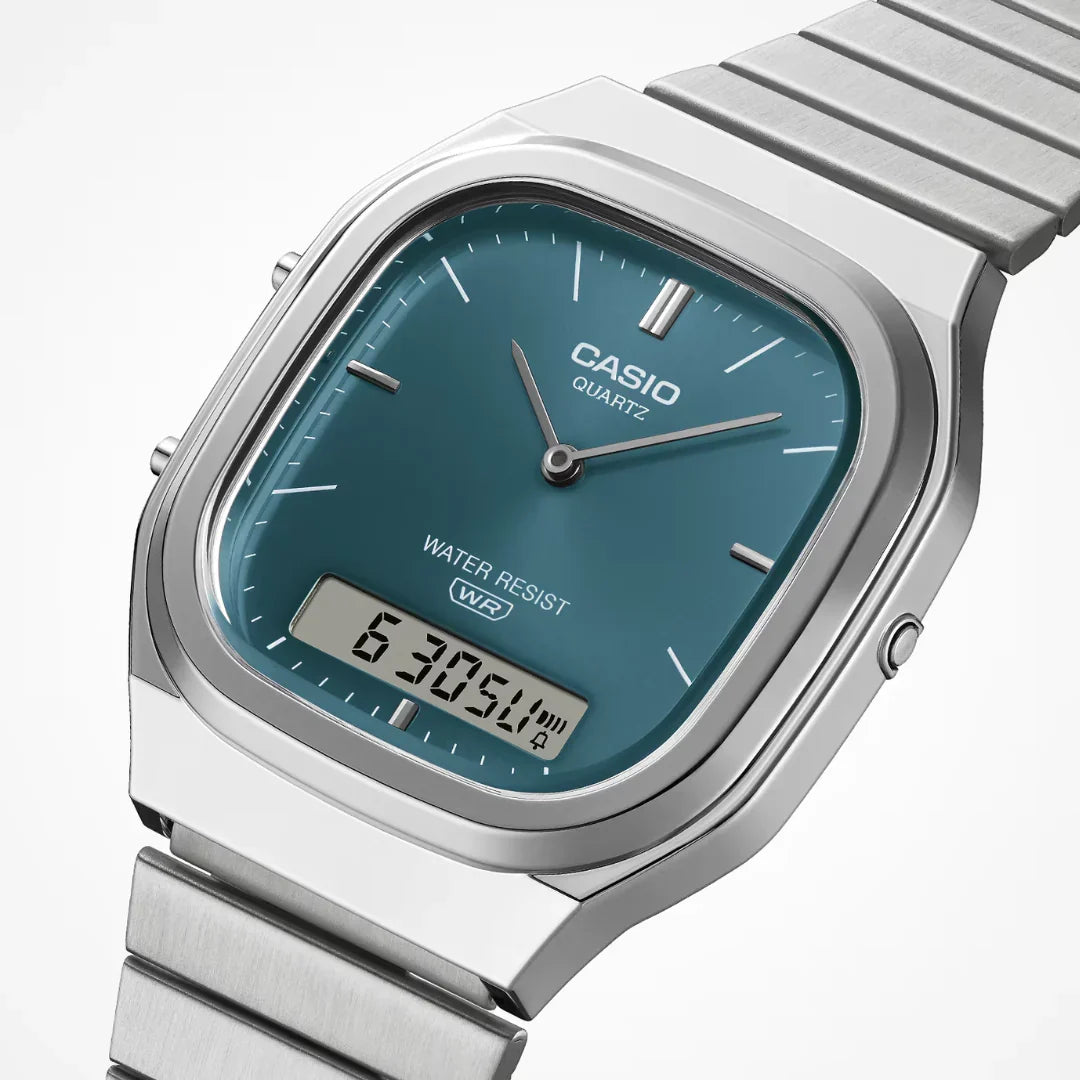 Casio Vintage AQ-240E Dual Time Quartz Ana-Digi Teal Dial Stainless Steel Watch (AQ-240E-3ADF)