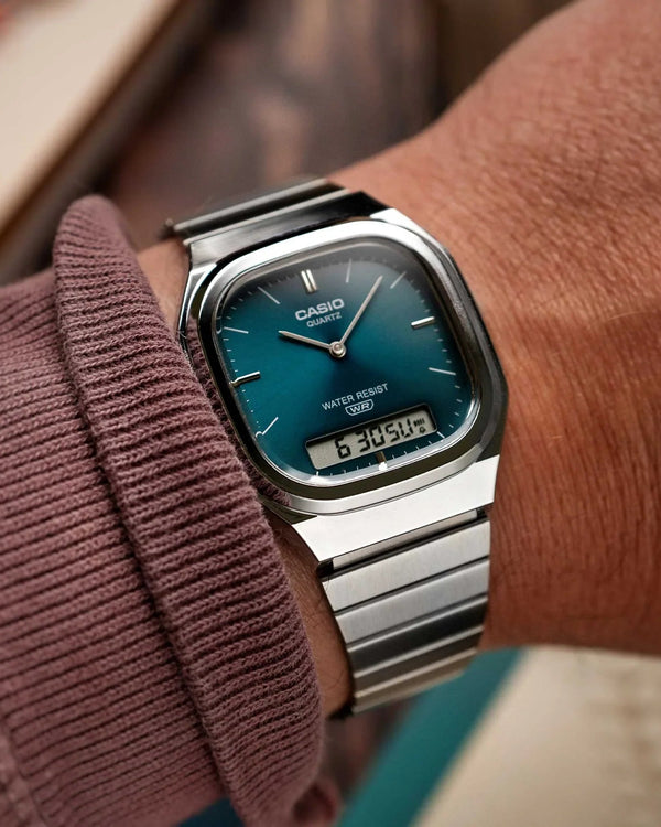 Casio Vintage AQ-240E Dual Time Quartz Ana-Digi Teal Dial Stainless Steel Watch (AQ-240E-3ADF)
