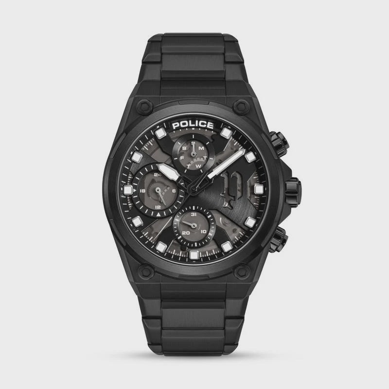 Police Airflow PEWGK2239106 black PVD chronograph watch with stainless steel bracelet and skeleton dial