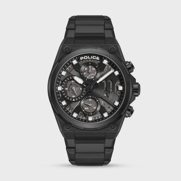Police Airflow PEWGK2239106 black PVD chronograph watch with stainless steel bracelet and skeleton dial