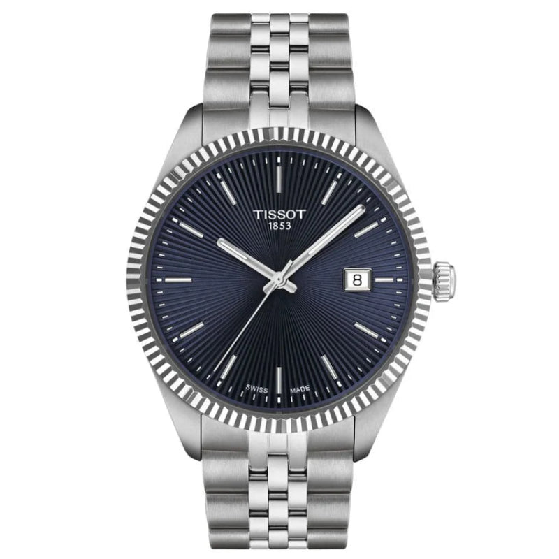 Tissot Ballade 40mm blue guilloché dial with fluted bezel and applied markers