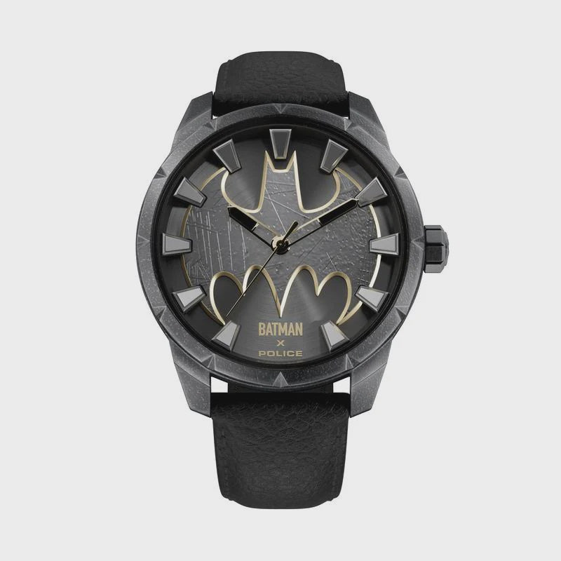 Police Batman The Bat PEWGA0075501 quartz watch with 45mm gunmetal case, black leather strap, and Batman logo dial