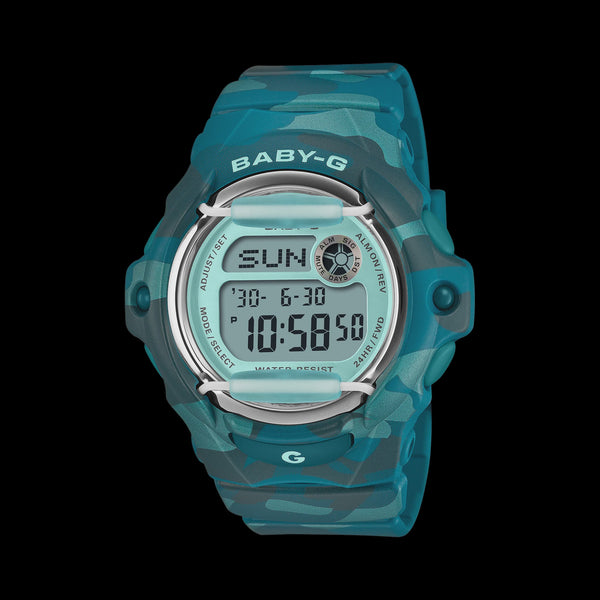 Casio Baby-G BG-169CM-2DR digital watch with turquoise camouflage resin case and band, round silver bezel, and multi-function display