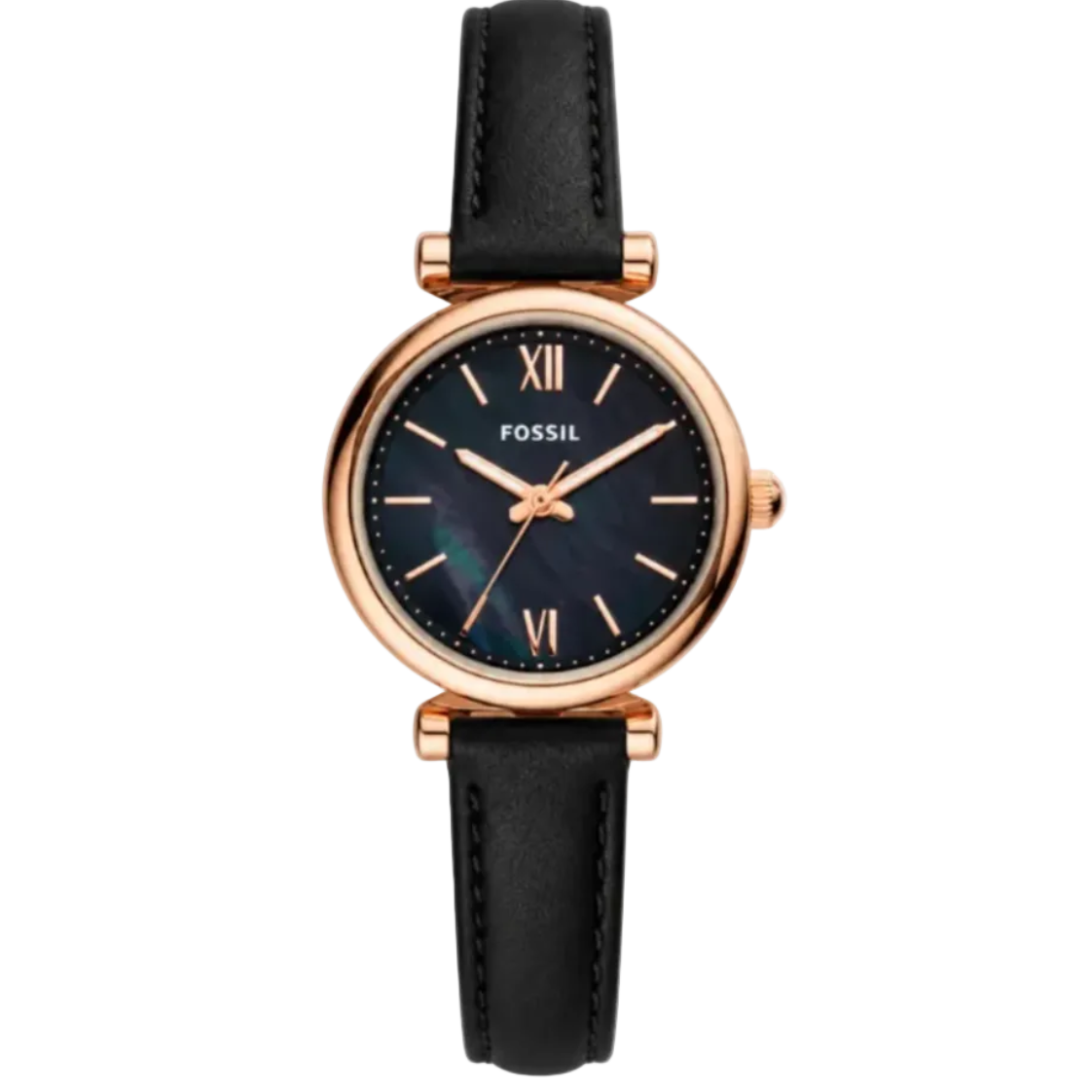 Fossil Carlie Mini 28mm Black Dial Rose Gold-Tone Steel Case Leather Strap Watch (ES4700)
