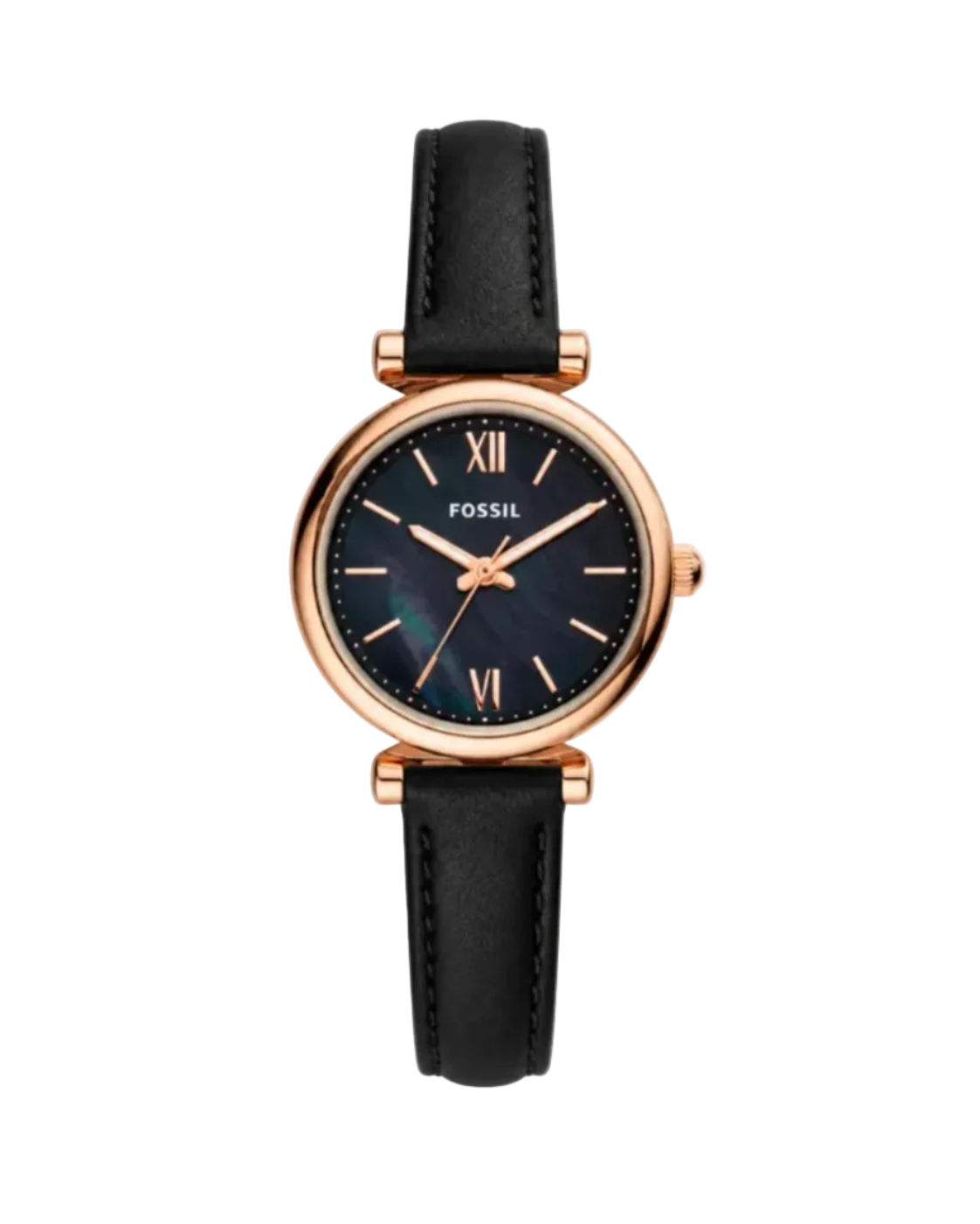Fossil Carlie Mini 28mm Black Dial Rose Gold-Tone Steel Case Leather Strap Watch (ES4700)