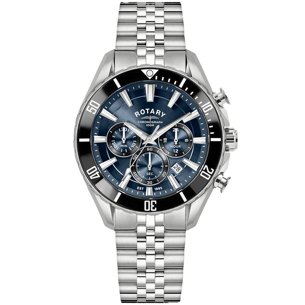Rotary Apex100 Chronograph RGB10013/05 blue sunray dial stainless steel watch with black ceramic bezel and five-link bracelet