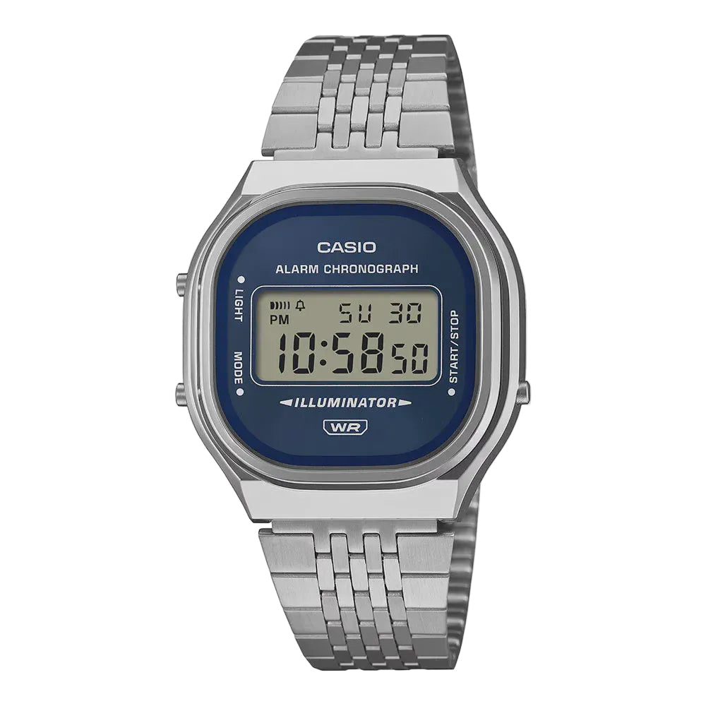Casio A140WE-2ADF Vintage digital watch with blue sunray dial and stainless steel bracelet