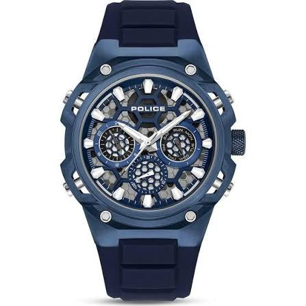 Police Challenger watch with 46mm case, blue dial, three sub-dials and silicone strap