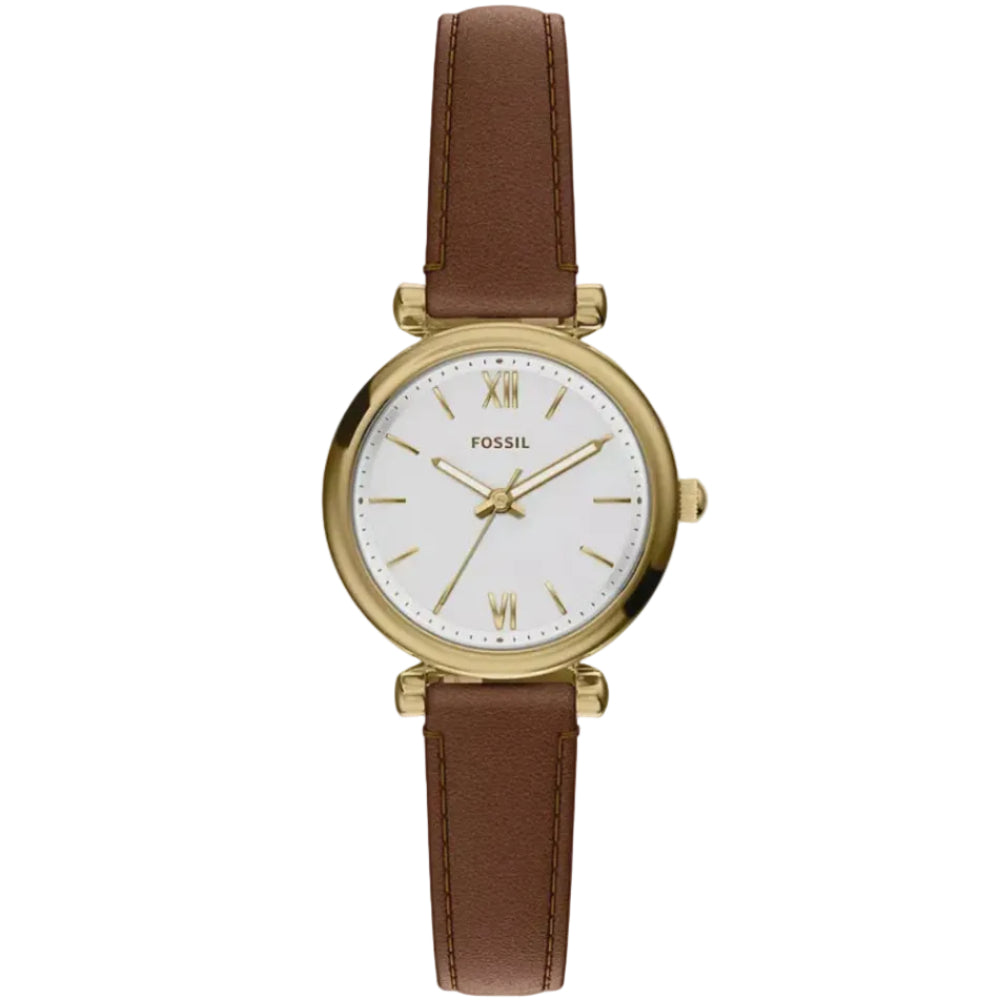 Fossil Carlie Mini ES5464 front view, white dial and gold-tone case