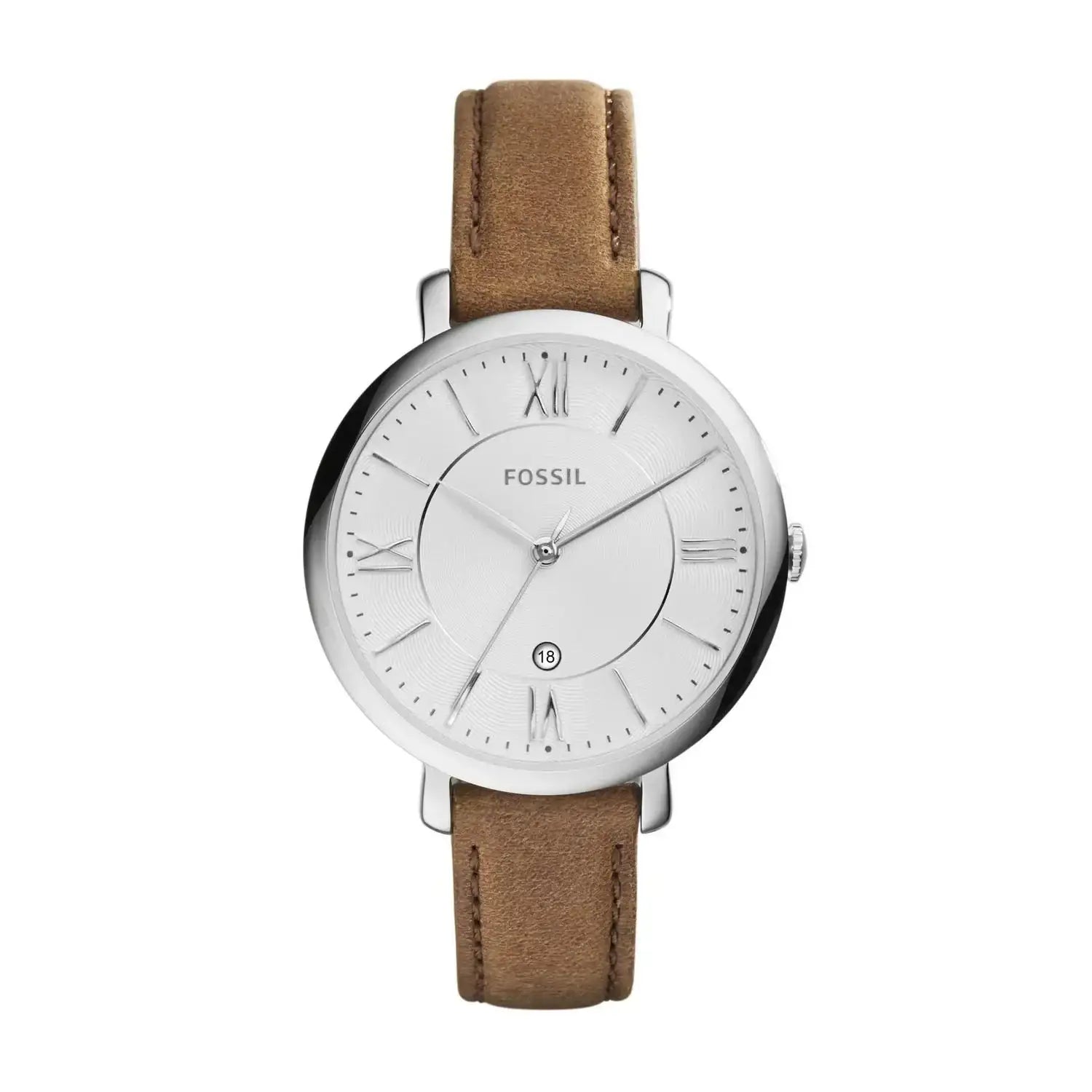 Fossil Jacqueline ES3708 women's quartz watch with white dial, Roman numerals, date display and brown genuine leather strap on stainless steel case