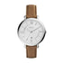 Fossil Jacqueline ES3708 women's quartz watch with white dial, Roman numerals, date display and brown genuine leather strap on stainless steel case