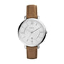 Fossil Jacqueline ES3708 women's quartz watch with white dial, Roman numerals, date display and brown genuine leather strap on stainless steel case