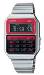 Casio CA-500WE-4BDF vintage calculator watch with red dial, black calculator buttons and stainless steel bracelet on white background